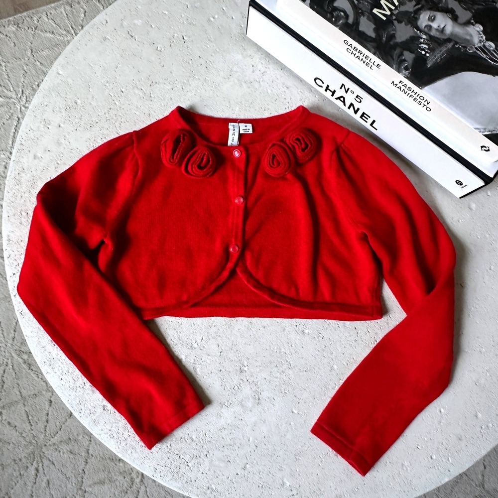 Janie and Jack Girls Red Rosette Cropped Bolero Shrug Cardigan Sweater in Red 10